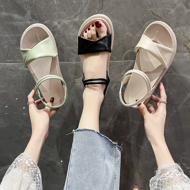

CRLAYDK 2021 Summer Straps Sandals Breathable Casual Flats Leather Fashion Outdoor Shoes Soft Female Beach Slippers Sandalias