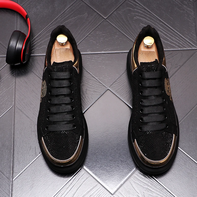 

2021 New Men's Luxury Designer Black Rhinestone Shoes Causal Flats Moccasins Male Thick Bottom Rock Hip Hop Crystal Sneakers