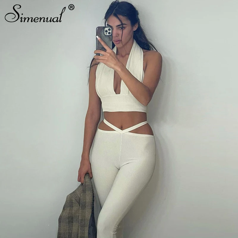

Simenual Ribbed Halter Top And Pants Two Piece Sets V Neck White Casual Sporty Backless Bodycon Co-ord Outfits Summer Fashion
