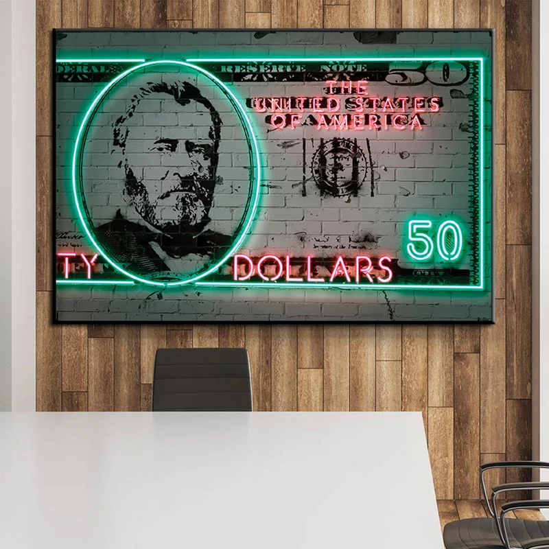 Motivational Dollar Neon Lights Posters and Prints Abstract 5/20/50/100 Canvas Painting Wall Art for Bedroom Office Decor | Дом и сад