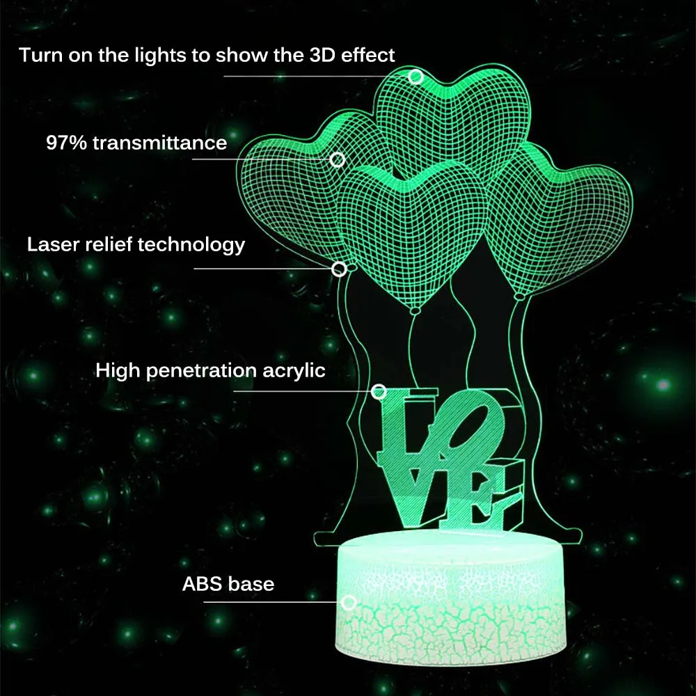 

3D Four Love Double Love Hologram Lamp Heart-Shaped Balloon Acrylic Night Light Energy Saving And Environmental Protection