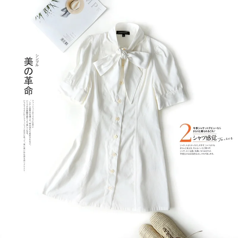

2020 Women Elegant White Cotton Casual Shirt Dress Female Short Sleeve Bow Neck Cestidos Chic Mini Sundresses
