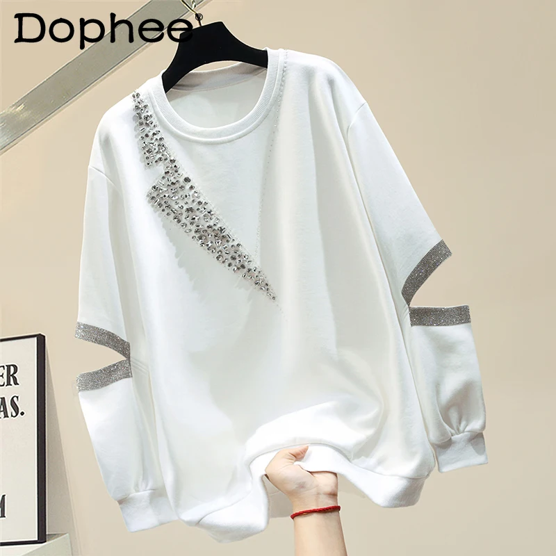 

Fashion Pullover Hoodies Women 2021 New Spring Loose Korean Hollow-out Long Sleeve Rhinestone Sweatshirts Clothes Ladies Coat