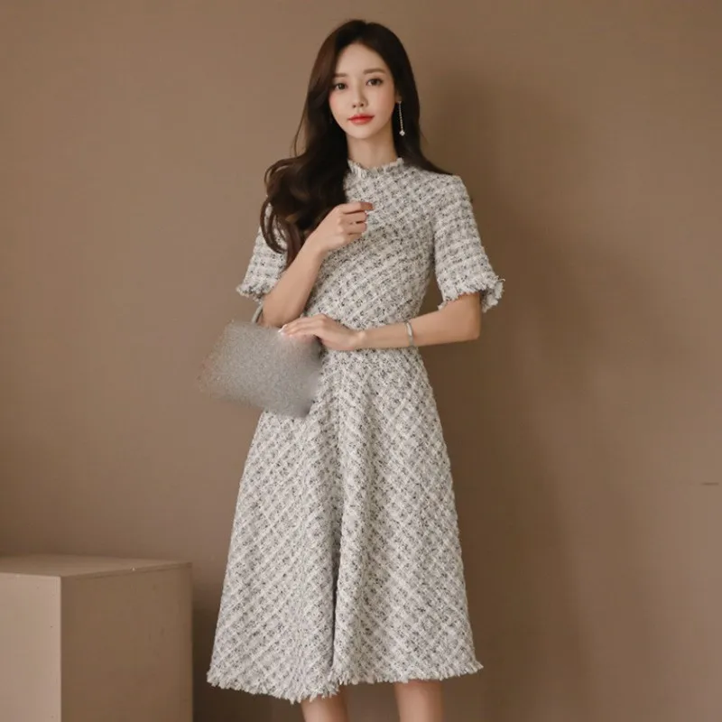 2019 Новое Элегантное ароматное твидовое Повседневное платье в клетку с высокой