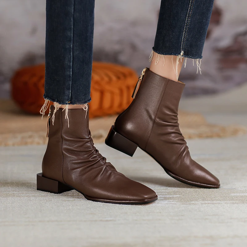 

Female pleated Shoes woman boots Genuine Leather Elegant Thicklow Heels Pumps Office Lady Party Shoes Woman