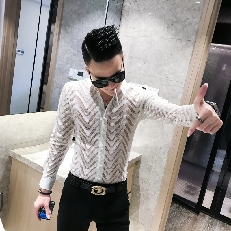 Transparent Shirt Summer Short Sleeve Shirt Camisa Hombre Stitching Stripe Shirt See Through Shirt Men Chemise Homme Marque Luxe
