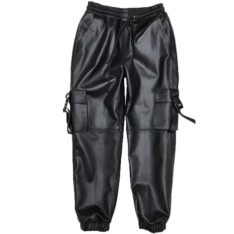

Women Boyfriend Style Elastic Waist Pockets Cargo Pants Motorcycle Sheepskin Genuine Leather Pants Hip Hop Joggers Harem Pants