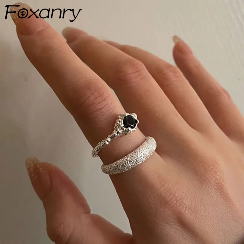 

FOXANRY 925 Sterling Silver Rings for Women New Trendy Elegant Unique Tin Foil Texture Black Zircon Party Jewelry Birthday Gifts