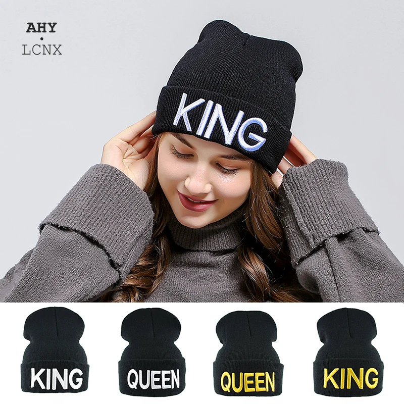 

Шапка-бини с вышитыми буквами KING QUEEN, теплая зимняя шапка, вязаная шерстяная шапка в стиле хип-хоп для мужчин и женщин, черная шапка для уличн...