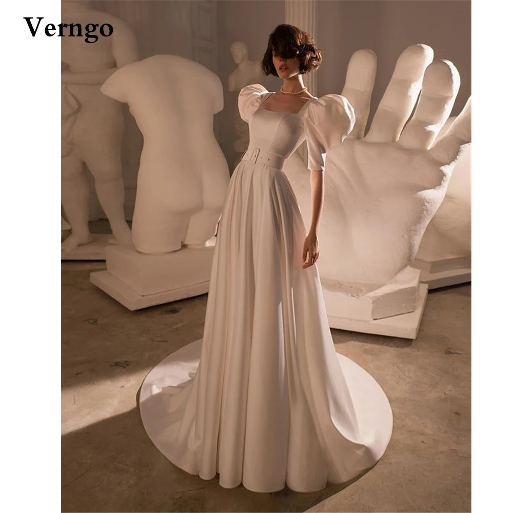 

Verngo 2021 Korea A Line Imported Satin Wedding Dress Puffy Sleeves Strapless Sweep Train Bride Gowns Custom Simple Robe Mariage