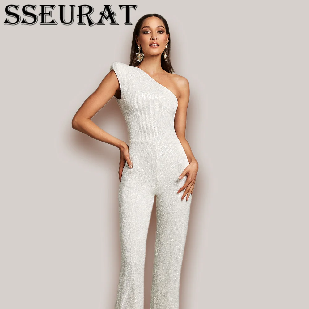 

SSEURAT Sexy One Shoulder Slim Party Playsuit Romper Elegant Sequin Solid Jumpsuit