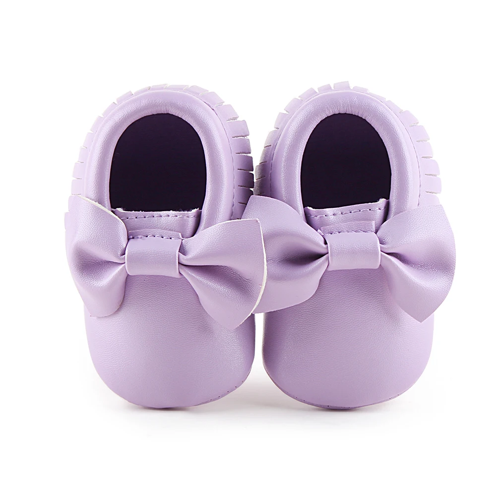 light purple Детская обувь для новорожденного мальчика Девочки Первые ходунки ПУ подошва принцесса Бант бахрома малыша Детская кроватка обувь повседневные Мокасины - Цвет: light purple