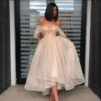 sodigne champagne evening party dress sexy ball gown ankle length prom dress with short sleeves formal gowns