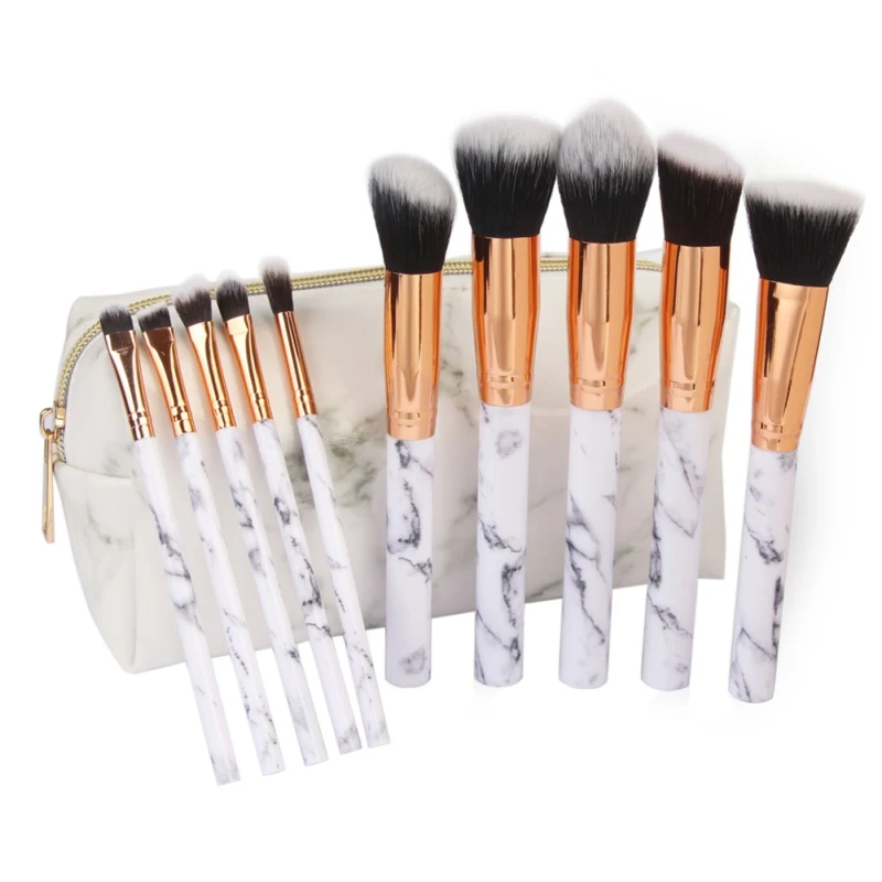 Макияж Красота кисточки набор с большой из искусственной кожи мраморный узор 10