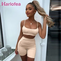 karlofea new lounge wear 2 piece matching suit fashion sexy ruched bodycon street wear womans casual bike short tracksuit sets