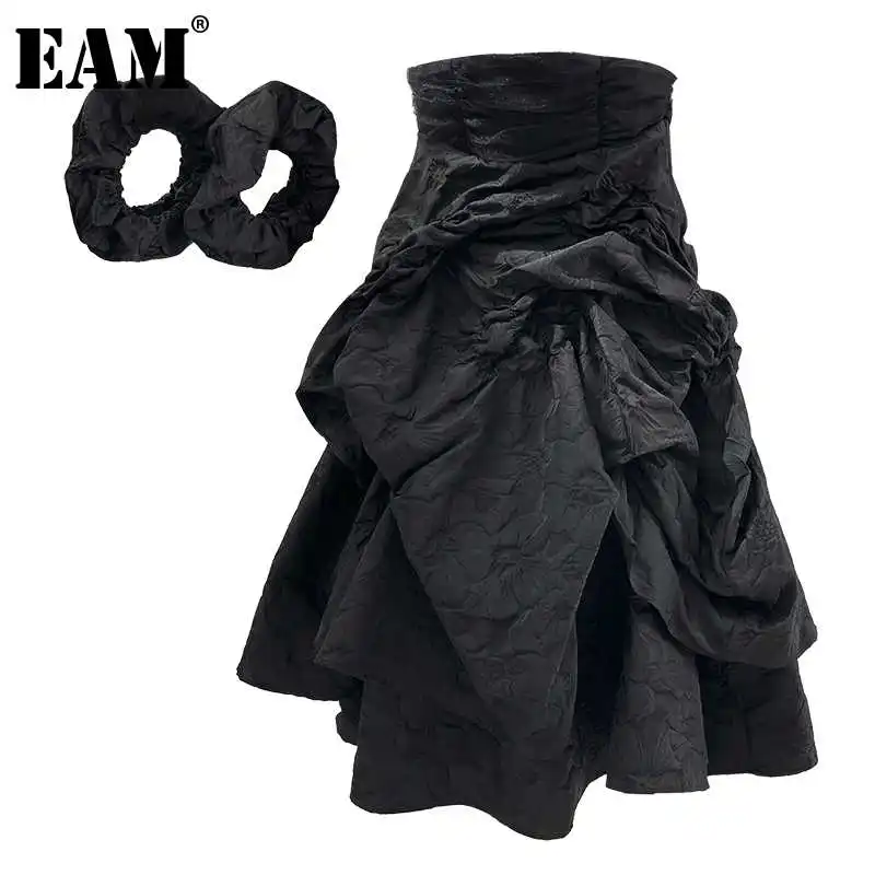 

[EAM] черная Асимметричная плиссированная длинная юбка с высокой эластичной талией, женская модная юбка, новинка, весна-лето 2021, 1DD9771