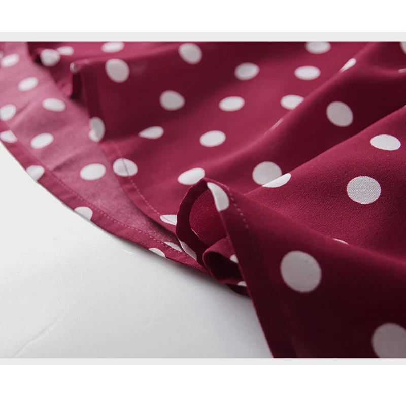 

Vintage Women Dot Chiffon Dress Female V-neck High Waist Red Dress Ladies Short Sleeve A-line Summer Dress for Office Lady