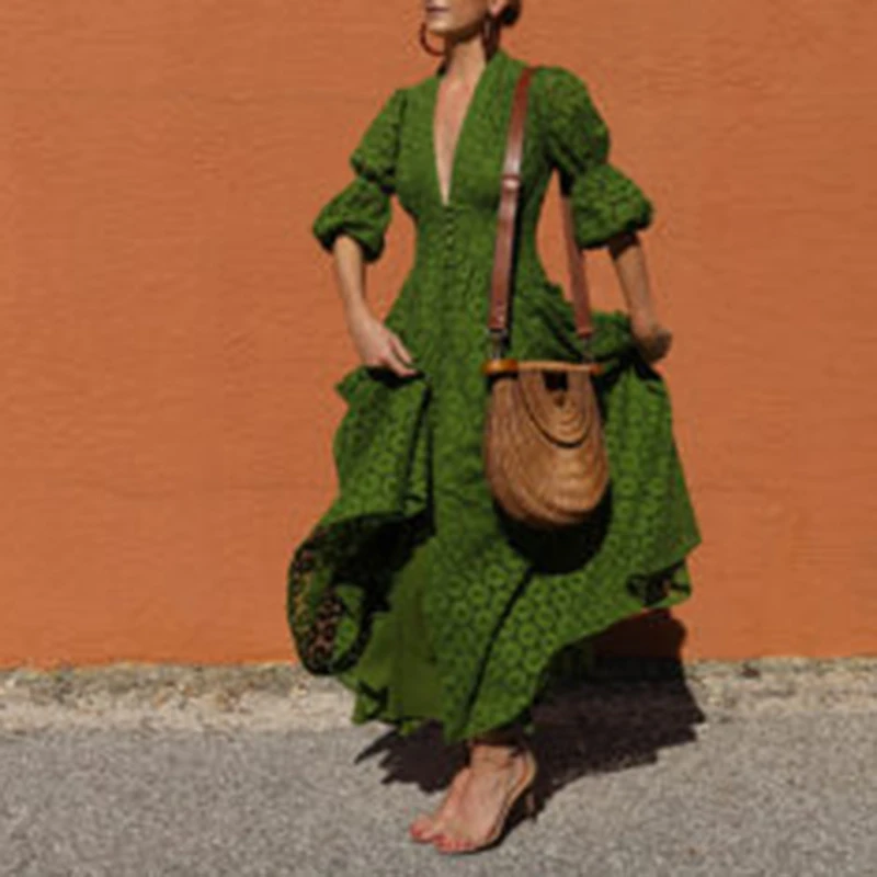 Женское платье с рюшами VGH винтажное V-образным вырезом рукавами-фонариками и