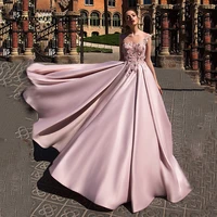 satin ball gown prom dress 2022 robe de soiree lace applique flower pink elegant evening dress long party gown gala dress