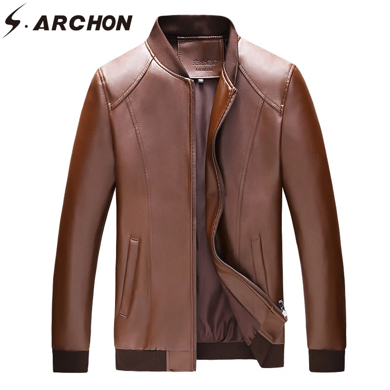 Мужская кожаная куртка S.ARCHON Повседневная теплая из искусственной кожи с