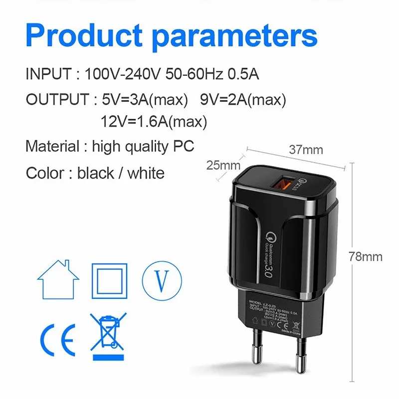 

3A Quick Charge 3.0 USB Charger For iPhone 11 12 Pro EU Wall Mobile Phone Charger Adapter QC3.0 Fast Charging For Samsung Xiaomi