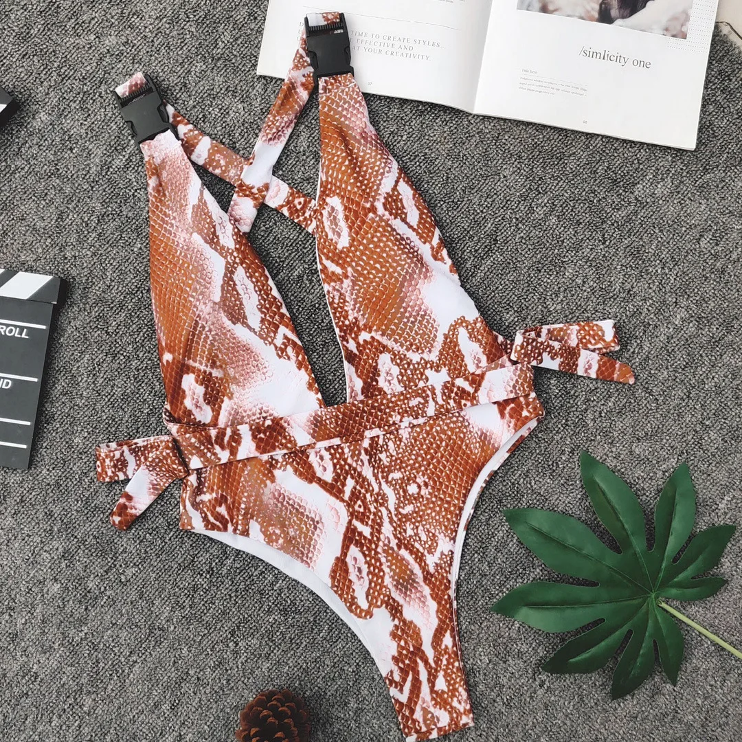 Женский купальник змеиный принт бикини Цельный пуш ап боди высокая талия