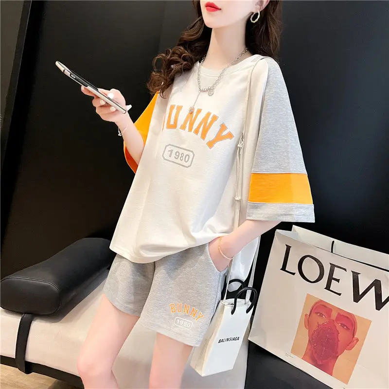

2 Pieces Sets Tracksuit Women Elegant Sets Female Color Matching With Short Sleeves T-shirt Summer Leisure Sports Suit
