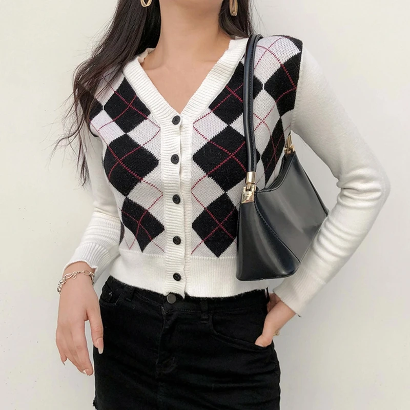 

Women Autumn Long Sleeve Knitted Cardigan Vintage Argyle Plaid Pattern Sweater Coat England Style Single-Breasted Button V-Neck