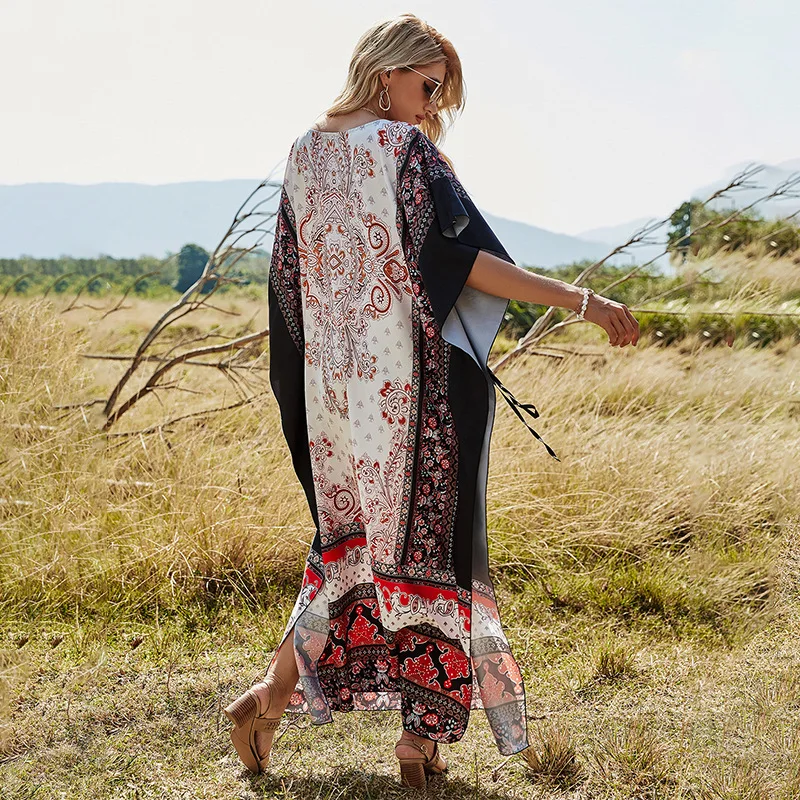 

Spring Bohemia Ethnic Style Cloak Sleeve High-waisted Long Ankle-length Loose Dress Vintage Print Patchwork Split Vestido Branco