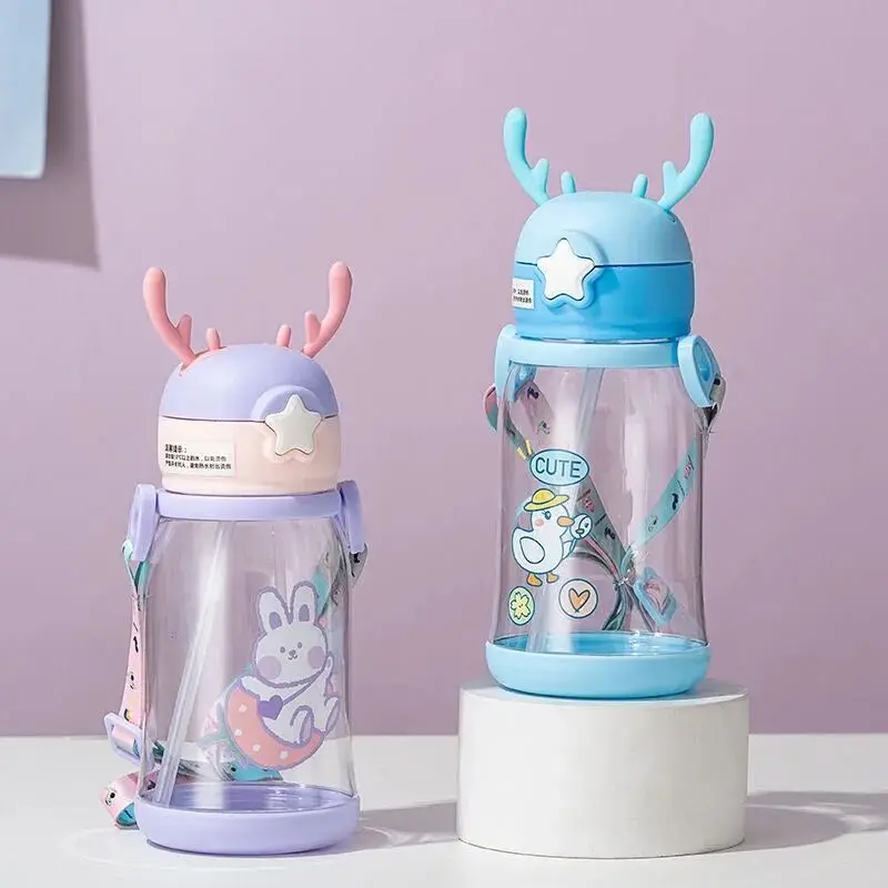 

Creative Cute Antlers Water Bottle for Children Large Capacity Outdoor Portable Plastic Strap Bouncing Straw Sanitation Cup