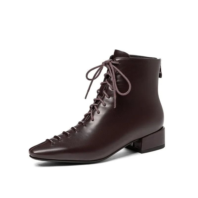 

Handmade martin boots women brown shoes cross-tied medium heels chunky boots square toe zipper block heel ankle boots 2020 lady