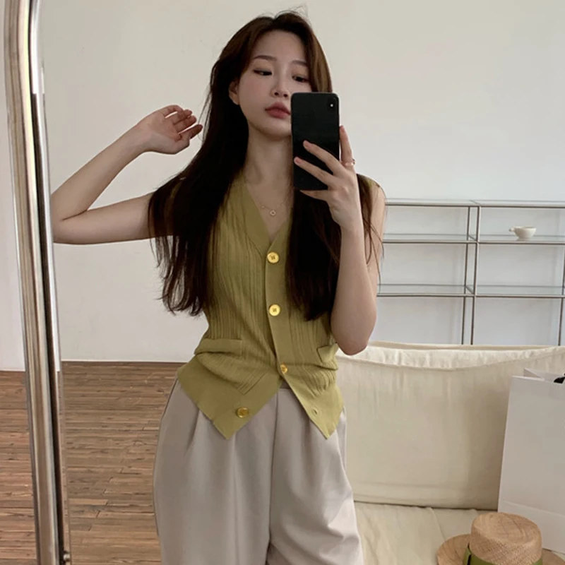 

ECRURANI Casual Korean Solid Cardigan For Women V-neck Sleeveless Loose Minimalist Sweater Females 2021 Summer Fashion New Style