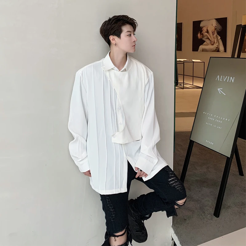 Men's Long-Sleeve Shirt Spring And Autumn New Personality Fold False Two Fashionable Design Loose Large Size Shirt