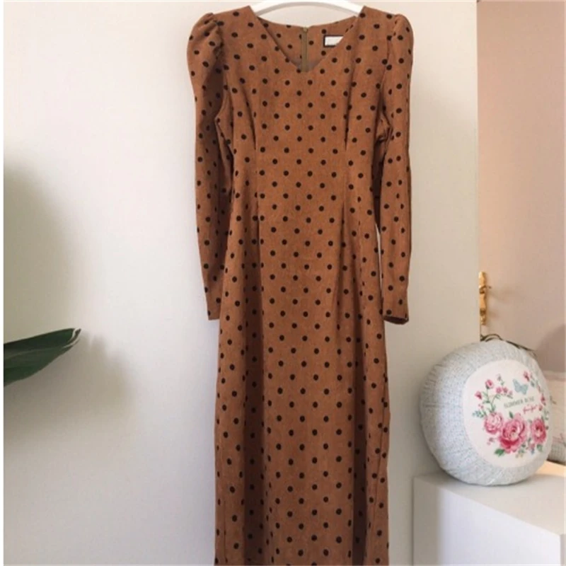 

2021 Women Dress Vintage Elegant Polka Dot Robe Spring Autumn New Fashion Long Sleeves Dresses V Neck Slim Lace Up Vestidos