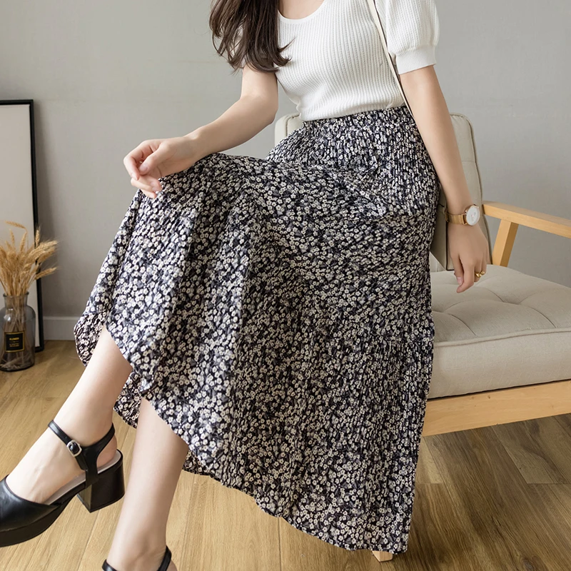

Summer Women Elastic Waist Printed Chiffon Skirts Female Patchwork Pleated Small Flowers Long Skirt Bottom With Linning