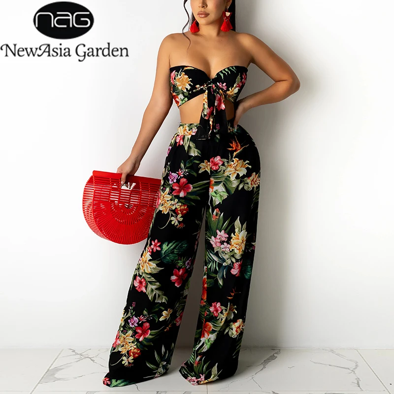 

NewAsia Floral 2 Piece Pants Set Print 2 Layer Tie up Strapless Crop Top High Waist Pants Matching Sets Women Vacation Outfits