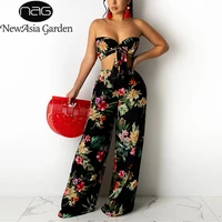 newasia floral 2 piece pants set print 2 layer tie up strapless crop top high waist pants matching sets women vacation outfits