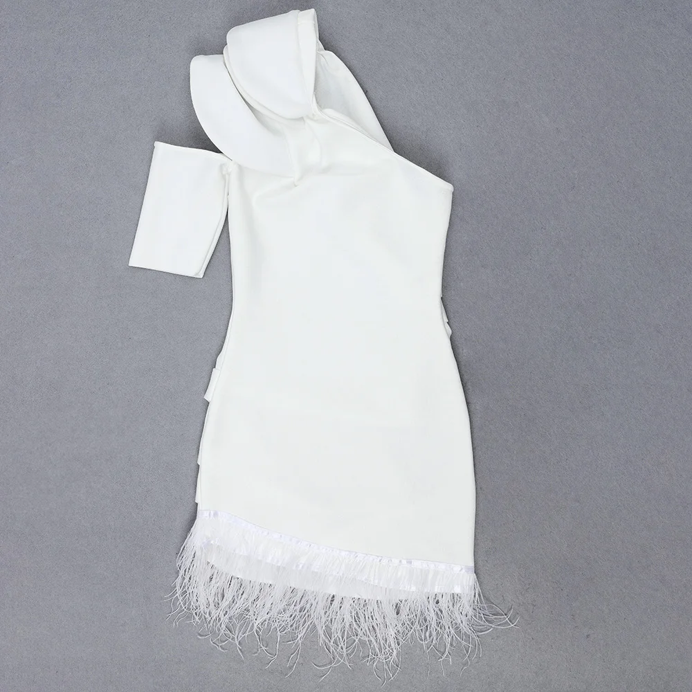 

High Quality Summer Women Sexy Single Sleeve Cut Out Feathers White Bandage Dress 2020 Elegant Female Bodycon Mini Party Dresses