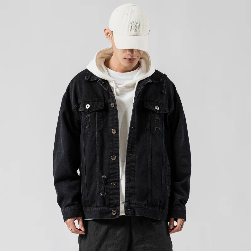 

Spring and autumn hole denim jacket men's denim jacket men's plus size casual jacket cotton blue black plus size 5XL