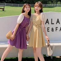 one piece summer women dress korean elegant square collar puff short sleeve splicing mini dress french vintage lace up dresses