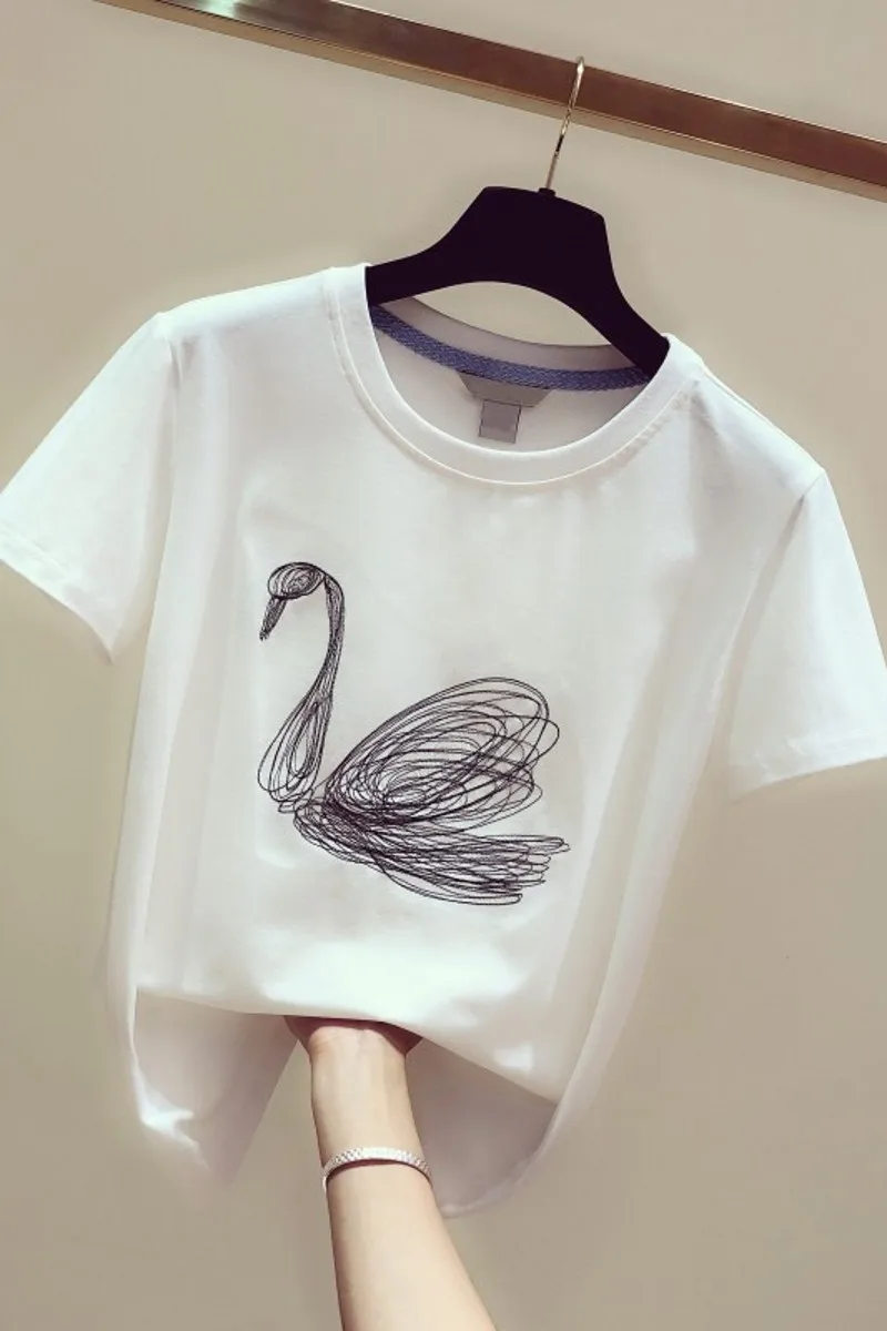 

Fashion Swan Embroidered O-Neck Short-Sleeved Regular T-shirt Women 2021 Summer New Korean Style Casual Loose Cotton Tshirt Tops