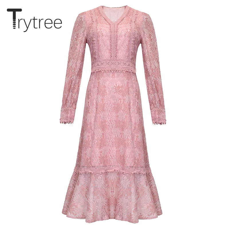 Trytree/2019 осеннее женское Повседневное платье с высокой талией v образным вырезом и