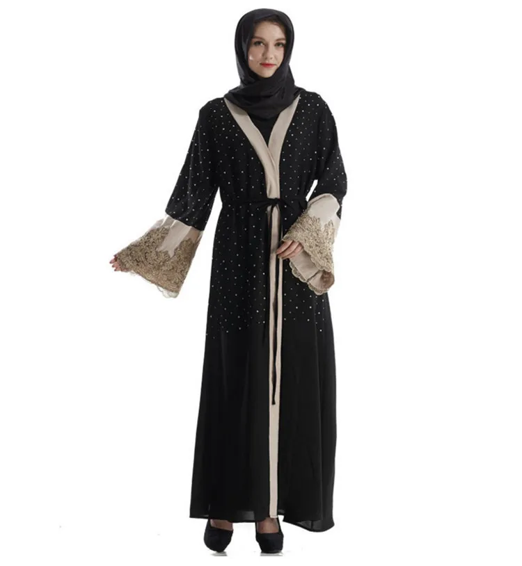 

Casual Muslim Embroidery Abaya Lace Maxi Dress Beading Cardigan Kimono Tunic Long Robes Ramadan Middle East Islamic Clothing