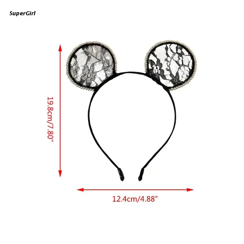 

J78E Lovely Alloy Lace Mouse Ears Headband with Imitation Pearl Edging Animal Masquerade Party Cosplay Costume Hairband