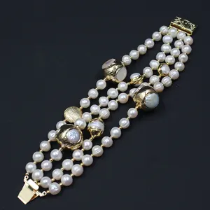 GuaiGuai Jewelry 4 Rows Freshwater Cultured White Pearl Gold Plated Keshi Pearl Bracelet 8" Classic For Women