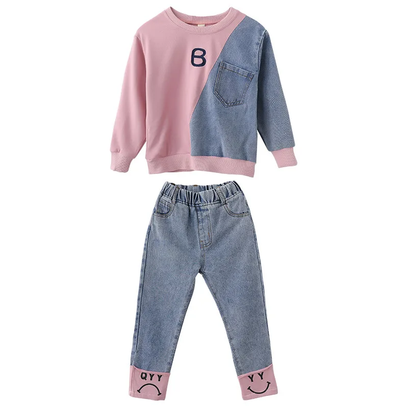 

Han edition western style fashion girls fall 2021 new cuhk cowboy two-piece a undertakes to children's smiling face letters