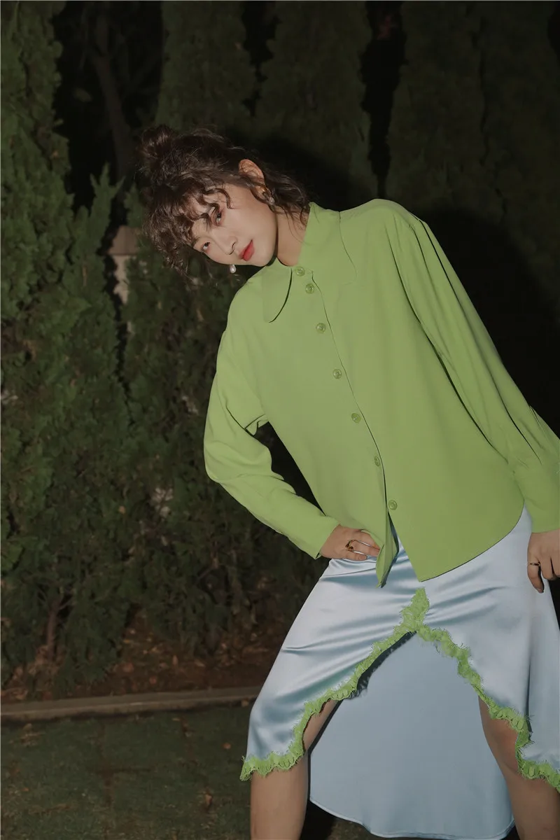 

Designer Shirts For Women Blouse Green Top Long Sleeve Butterfly Collar Shirt New Arrival 2020 High Fashion Clothing T624