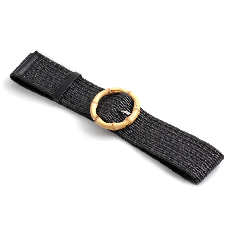 

Women Wide Braided Elastic Belt for Dress Round Bamboo Buckle Casual Fashion Girdle Wood Jade Buckle Fake Straw Waistband
