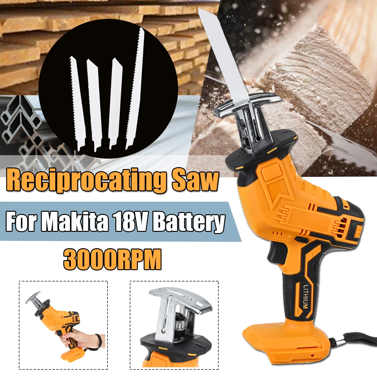 

18V Portable Cordless Reciprocating Saw Woodworking Metal Cutting Tool with 4 Blades Kit Electric Saw for Makita Battery 18V