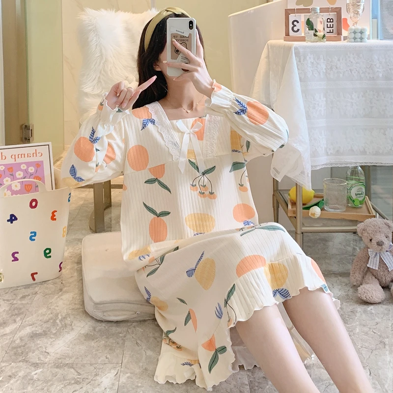 

2022 Spring Autumn Long Sleeve Thin Cotton NightDress Nightgowns Women Cute Print Sleepwear Night Gown Nightdress Nighty W88